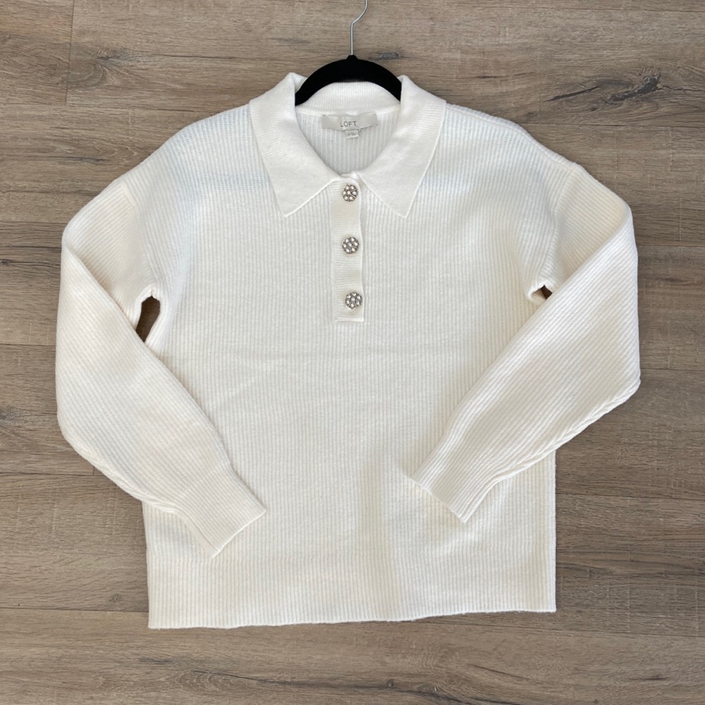 LOFT sweater with collar and embellished buttons Ivory winter white XS